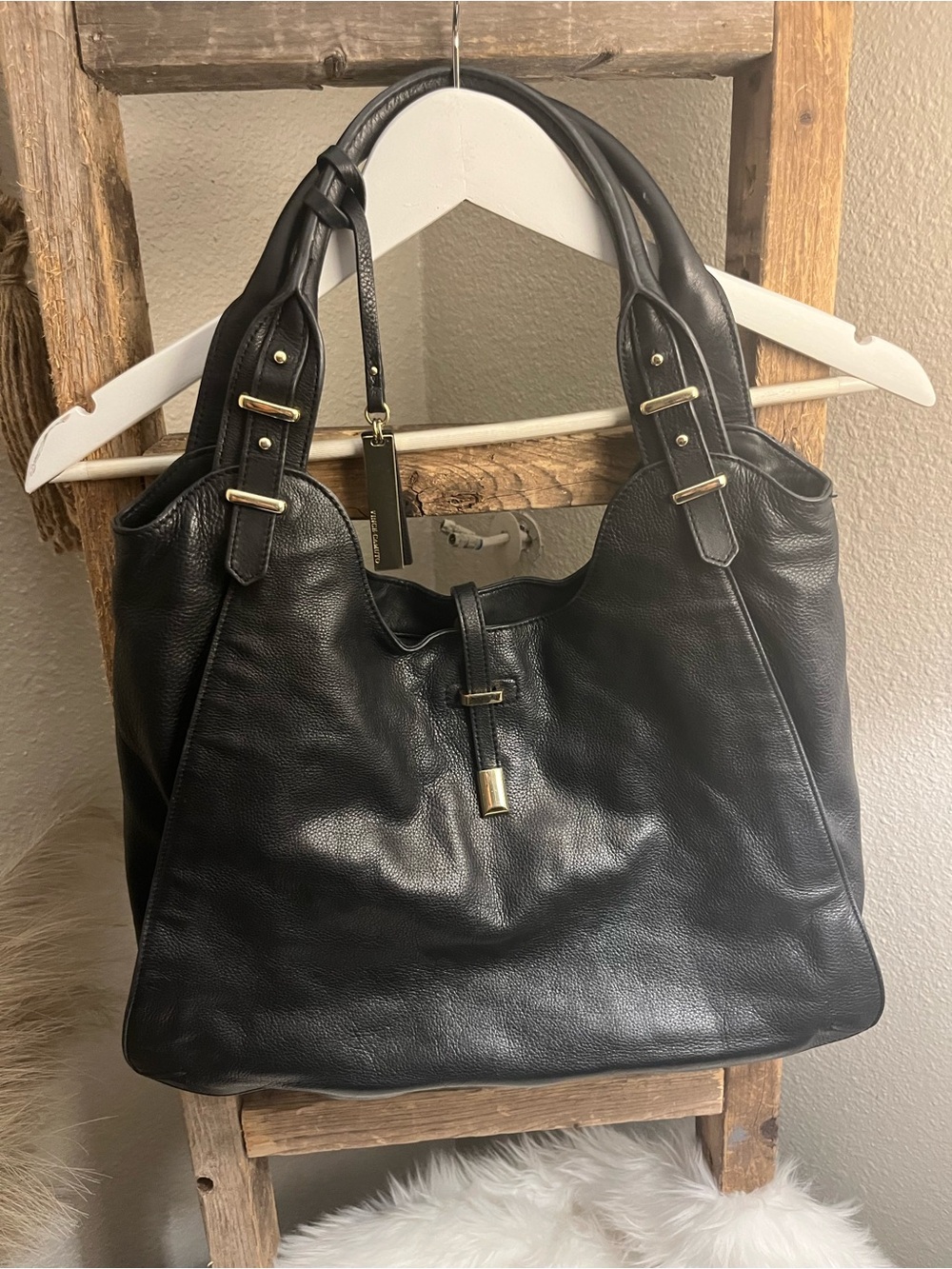 Vince Camuto Black Leather Shoulder Bag with Gold Accents